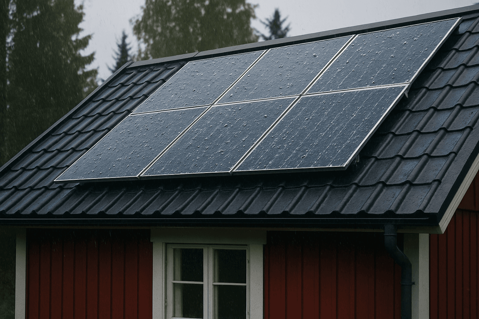 Aurinkopaneelit punaisen talon katolla sateen aikana, puiden ympäröimänä.