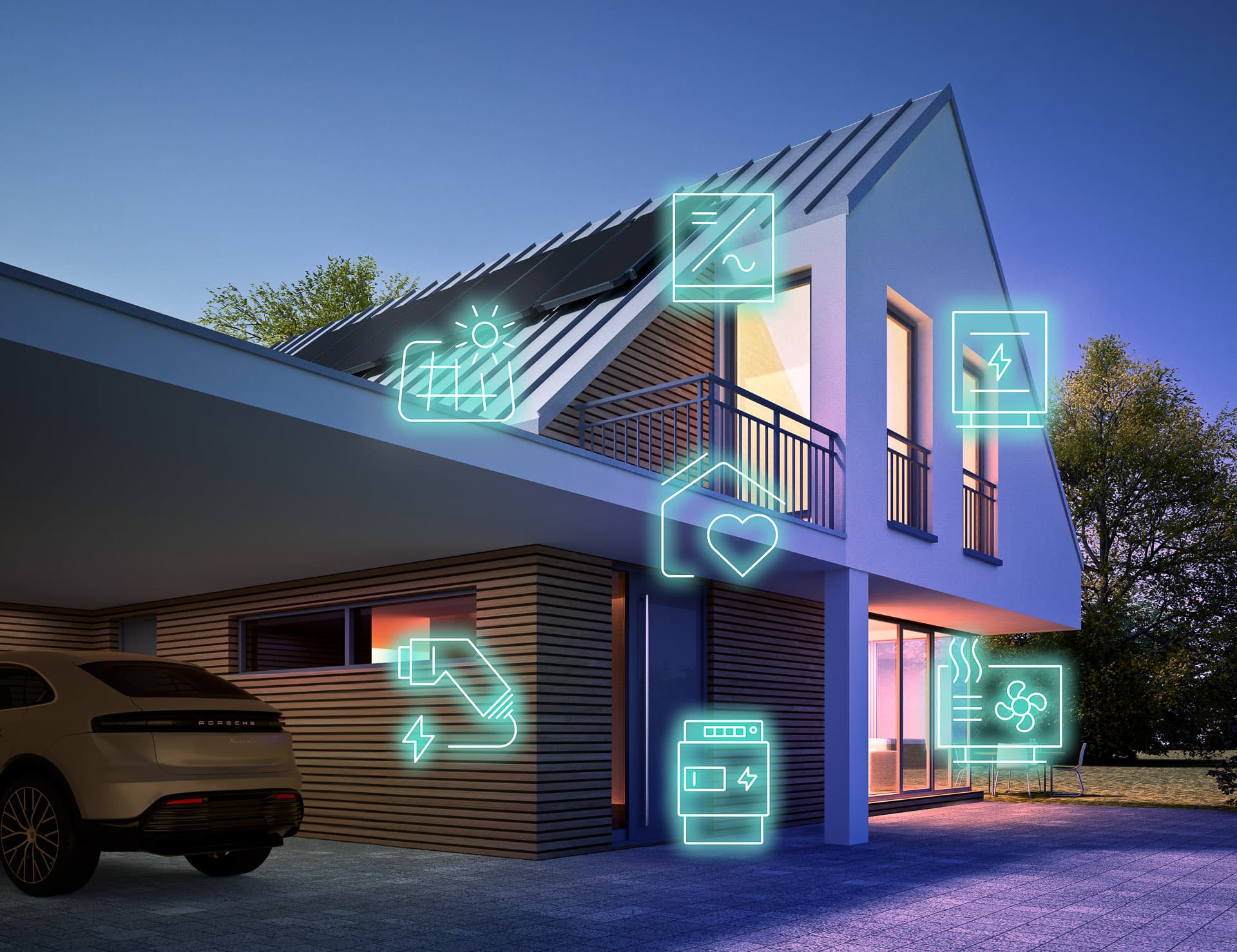 Moderni talo hämärässä, kuvan päälle sijoitetuilla hehkuvilla älykotikuvakkeilla, jotka esittävät aurinkopaneelia, turvallisuutta ja energianhallintaa.